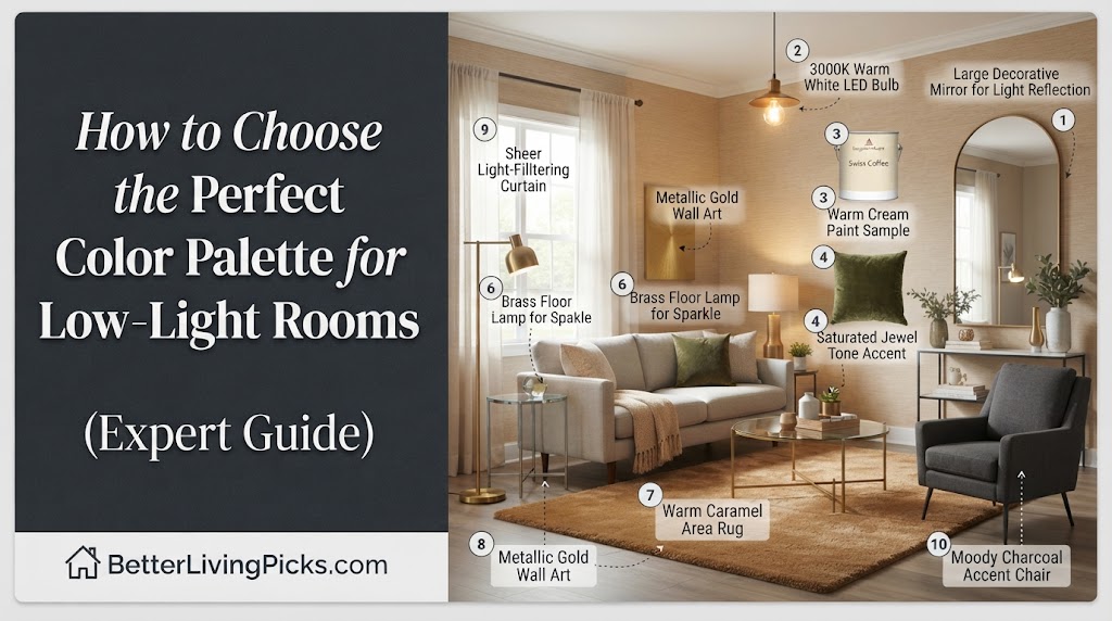 Split-screen infographic illustrating low-light room solutions. Left panel displays the title text; right panel shows a numbered, annotated living room scene with specific design products.