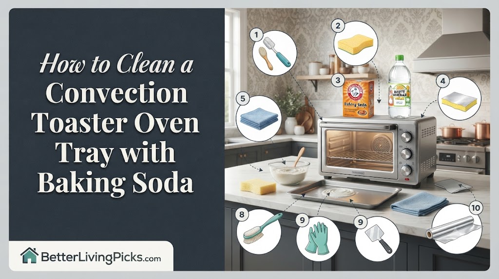 Modern kitchen scene displaying a convection toaster oven with a cleaning tray and essential items like baking soda, sponge, and vinegar for maintenance.
