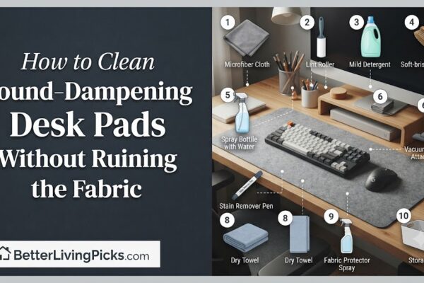 Split-screen infographic comparing cleaning methods for sound-dampening desk pads, showing a clean home office desk on the right with numbered cleaning supplies and on the left, the title 'How to Clean Sound-Dampening Desk Pads Without Ruining the Fabric' against a dark charcoal background, and the BetterLivingPicks.com brand logo in the bottom-left corner.