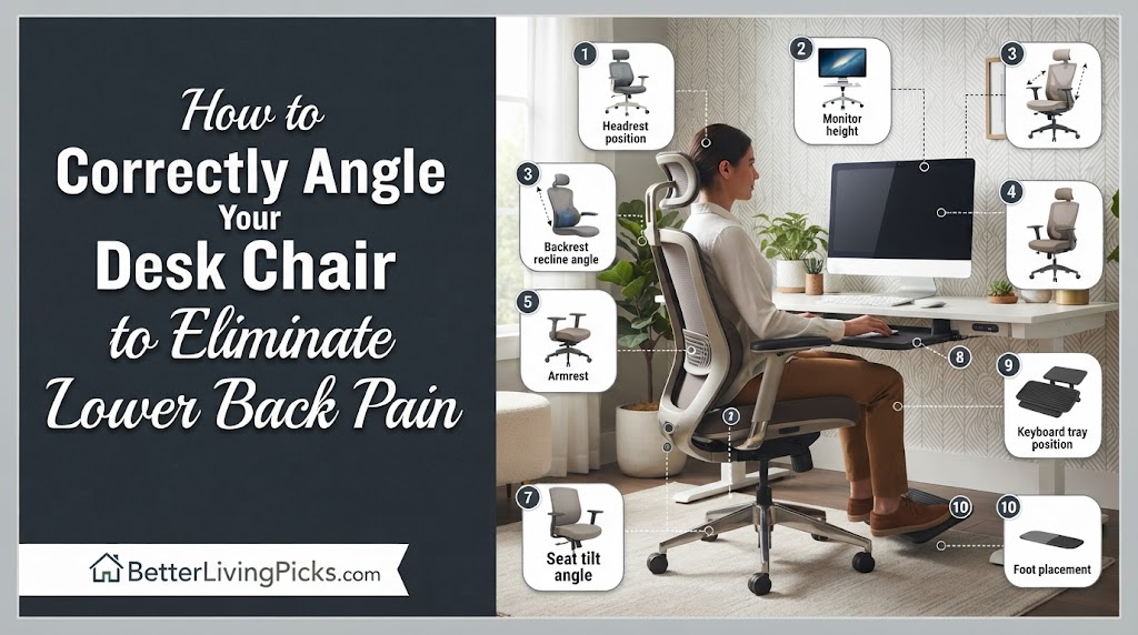 Modern office setup featuring an ergonomic chair with labeled adjustment points and a person sitting with proper spinal alignment.
