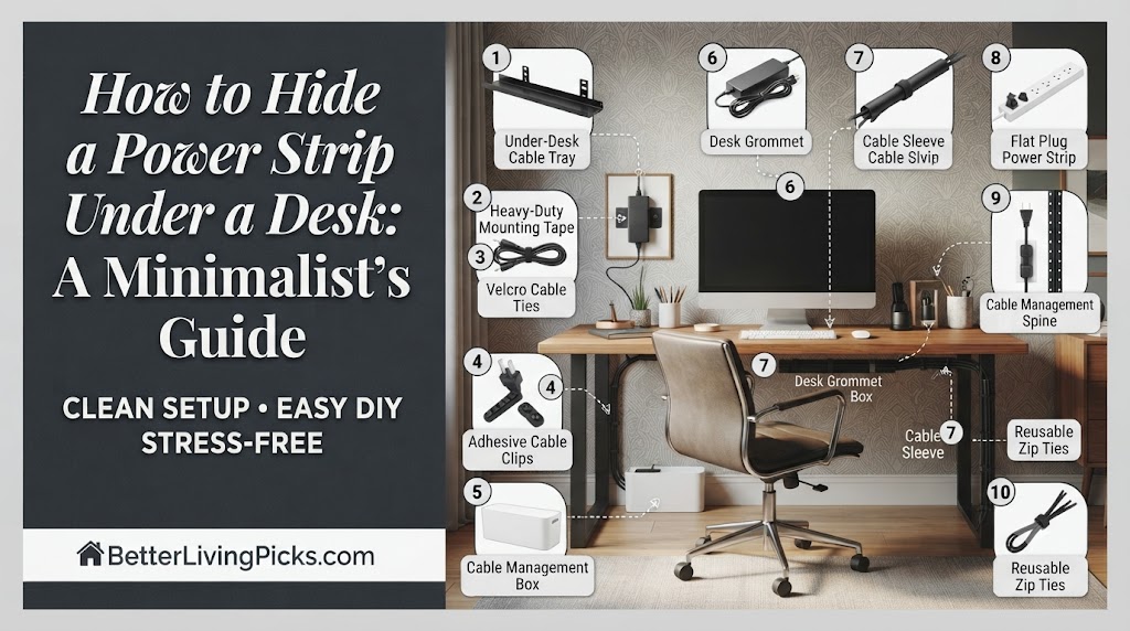 Infographic split-screen showing a dark text panel with the title and a modern home office with ten numbered cable management solutions.
