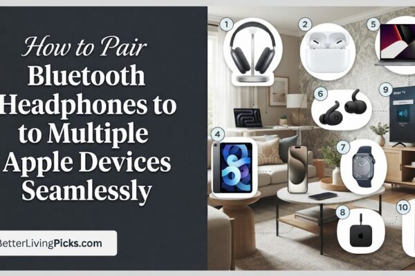 Modern living room featuring a split-screen infographic with Apple devices, headphones, and multi-device setup illustrations.