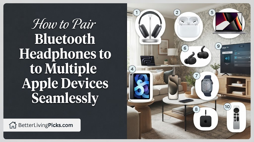 Modern living room featuring a split-screen infographic with Apple devices, headphones, and multi-device setup illustrations.