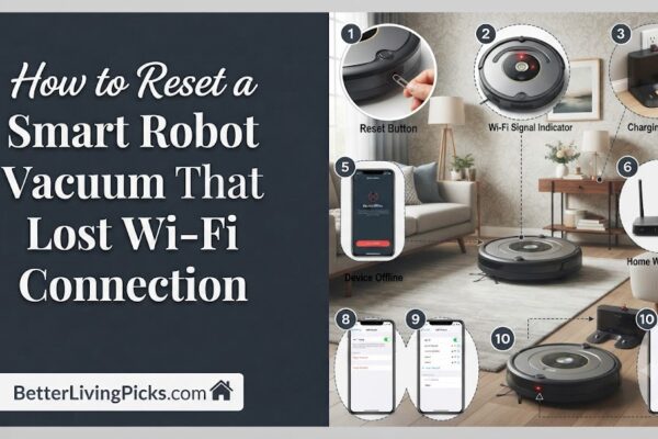 Wide infographic split-screen featuring a dark left panel with white text title "How to Reset a Smart Robot Vacuum That Lost Wi-Fi Connection" and a "BetterLivingPicks.com" logo, beside a bright living room scene with ten numbered inset illustrations demonstrating troubleshooting steps for a robot vacuum and charging dock.