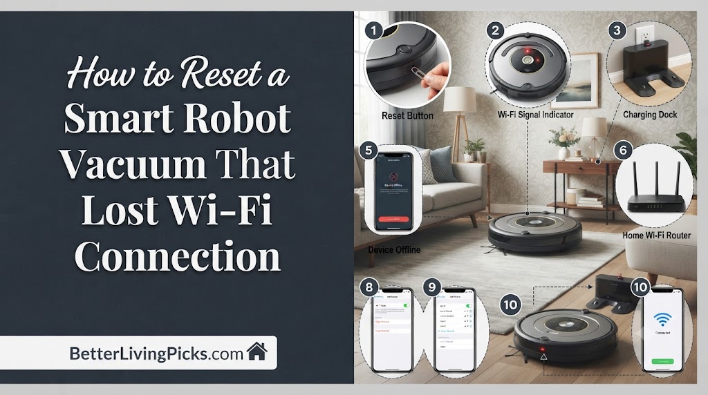 Wide infographic split-screen featuring a dark left panel with white text title "How to Reset a Smart Robot Vacuum That Lost Wi-Fi Connection" and a "BetterLivingPicks.com" logo, beside a bright living room scene with ten numbered inset illustrations demonstrating troubleshooting steps for a robot vacuum and charging dock.