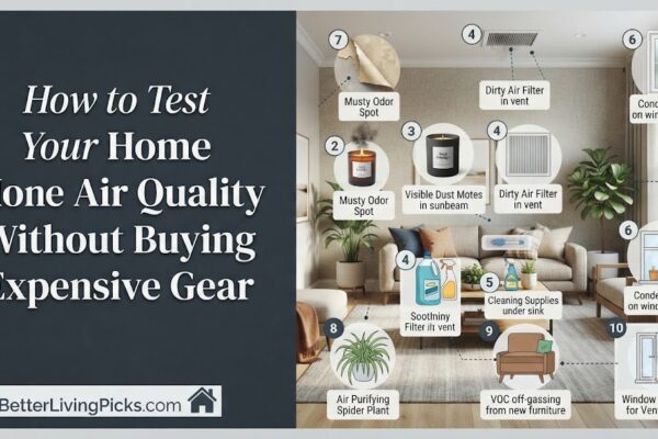 Split-screen infographic showing a modern living room interior with numbered labels highlighting common household air quality indicators like vent dust, humidity condensation, and cleaning product sources.