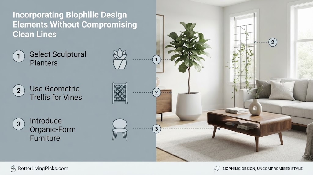 Split-panel infographic illustrating three biophilic design principles with numbered text and icons linked to specific furniture and decor in a modern living room.