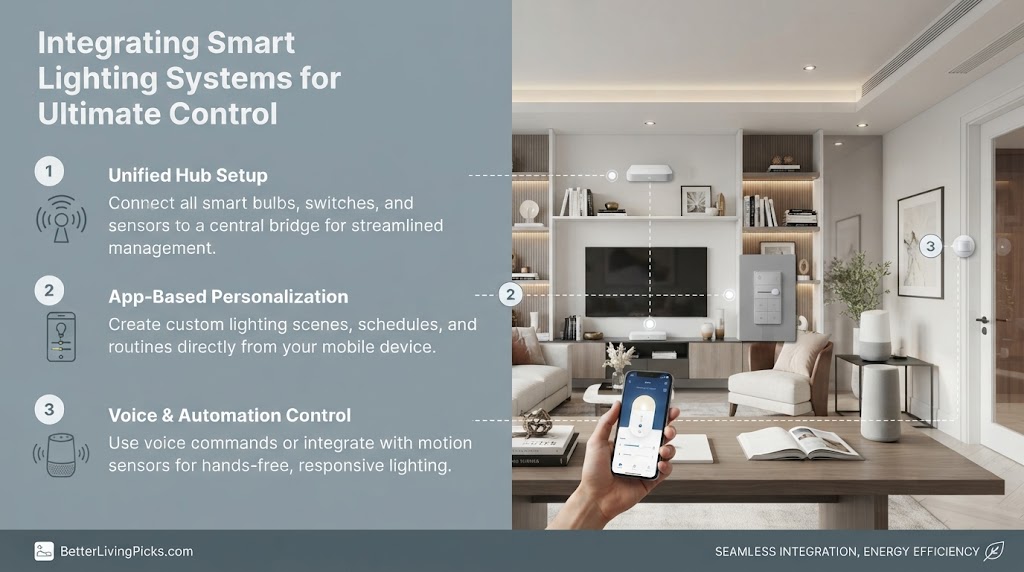 Modern living room featuring a hand holding a smartphone with a lighting app, with numbered annotations for hub, app control, and voice/automation.