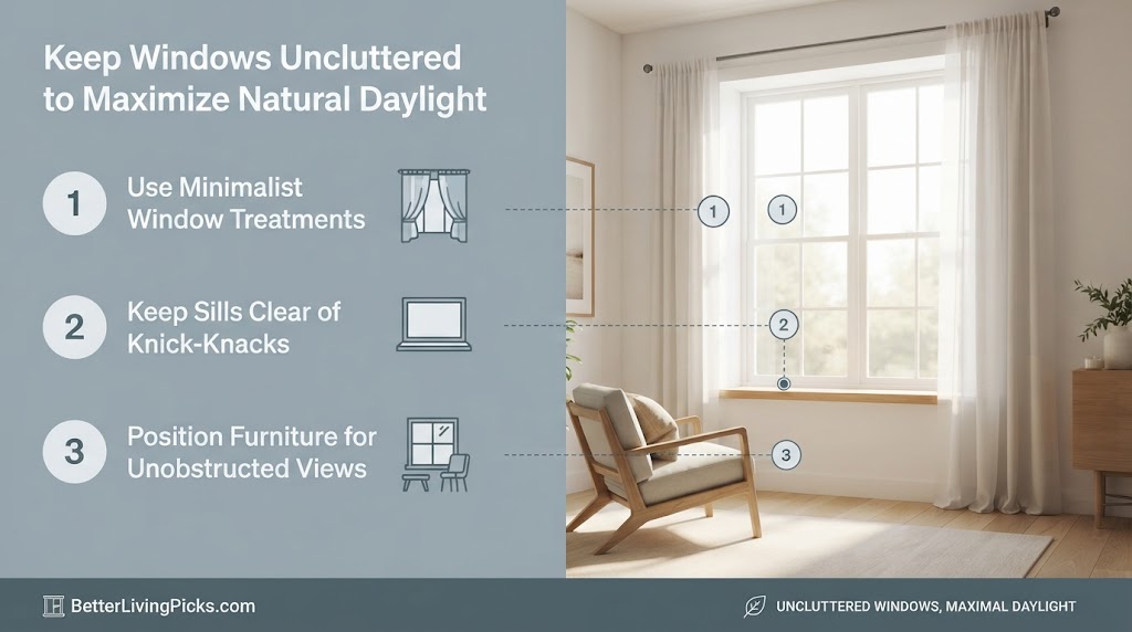 Split-screen infographic illustrating three steps to keep windows uncluttered for more daylight, with numbered text and icons on the left linked to a modern living room scene on the right.