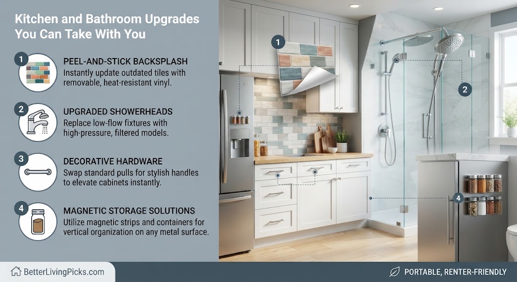Split-panel infographic showcasing four portable, renter-friendly kitchen and bathroom upgrades, with a detailed scene of the installed products on the right and a numbered list of benefits and icons on the left.