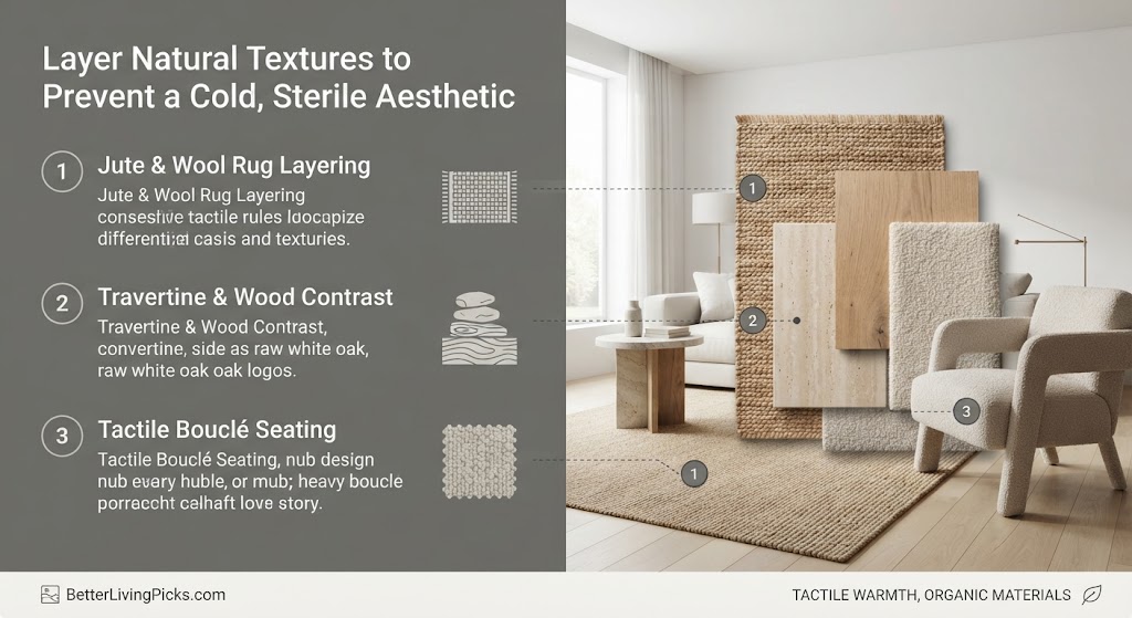 Split-panel infographic illustrating three natural texture layering rules for interior design, with text points linked to a modern living room scene featuring a material mockup board.