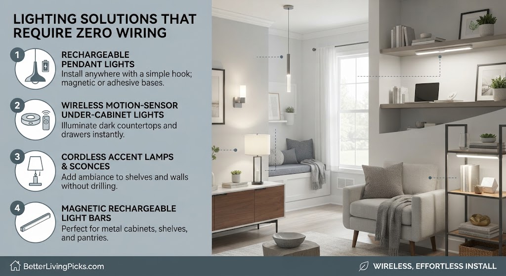 Split-panel infographic illustrating four wireless lighting products with icons and descriptions on the left, connected by dashed lines to a beautifully lit modern living room on the right.