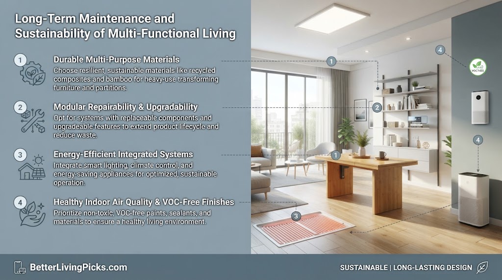 Split-panel infographic detailing four sustainability and maintenance points with icons and text on the left, and a corresponding modern apartment photograph on the right with numerical annotations.