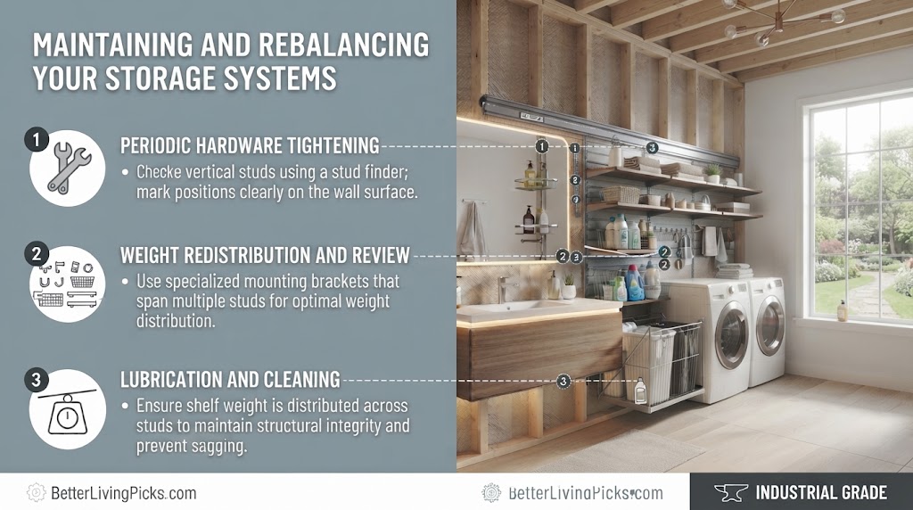 Split-screen feature box image displaying a light gray panel with three numbered storage maintenance points on the left and a brightly lit modern combined bathroom and laundry scene on the right with annotated storage system mockups for BetterLivingPicks.com.