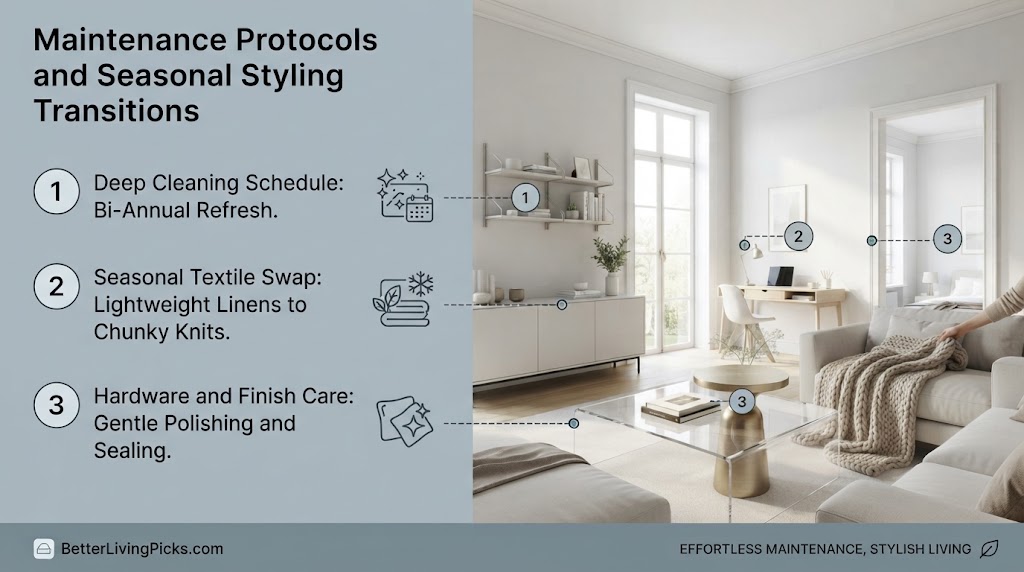 Split-panel infographic illustrating three home maintenance protocols with text and icons on the left linked to specific areas in a modern living room on the right.