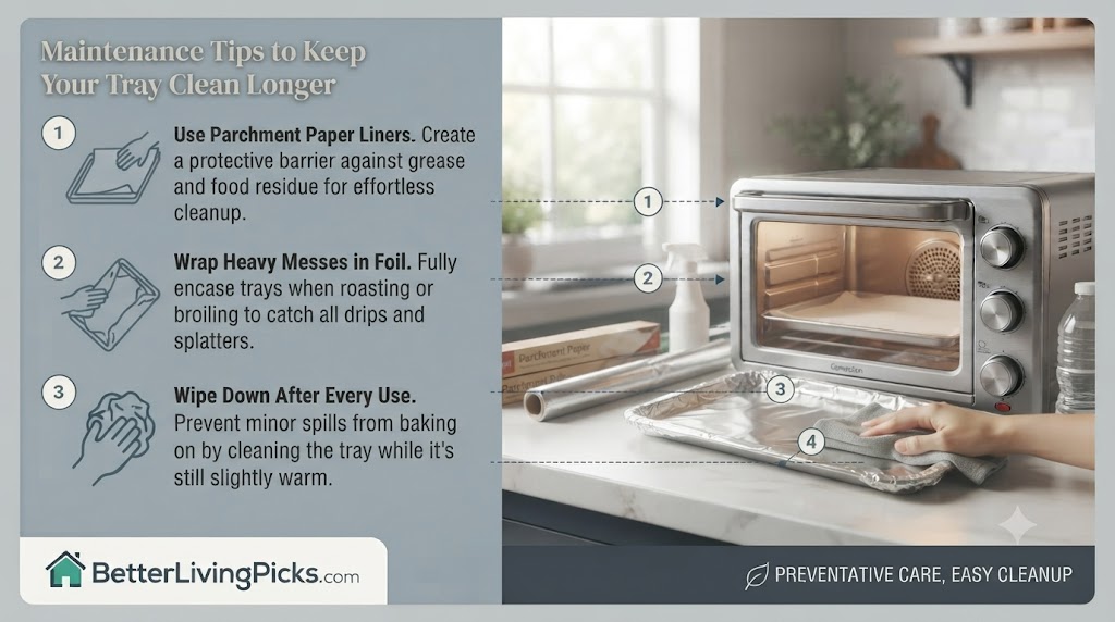 Modern kitchen setting featuring a convection toaster oven and preventative maintenance items with numbered process callouts.