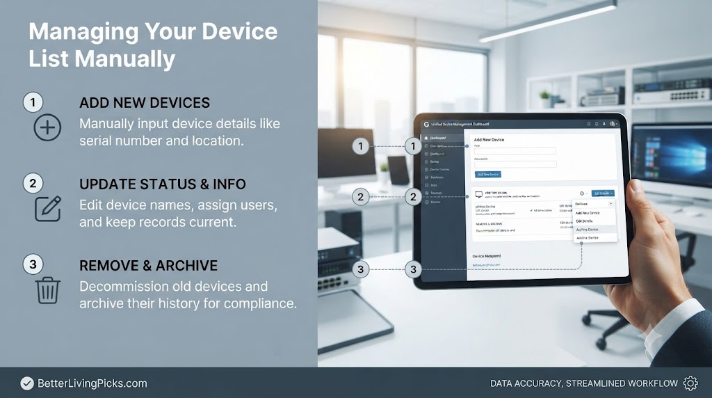 Split-screen feature graphic detailing how to manage your device list manually with numbered callouts and lifestyle context.