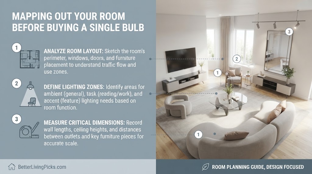 Split-screen feature box infographic for Mapping Out Your Room Before Buying a Single Bulb with a light slate-gray analysis panel and an overhead architectural floor plan layout.