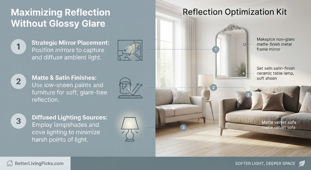 Split-screen infographic illustrating three design principles for glare-free reflection in a modern living room, with numbered steps on the left and a photorealistic product mockup on the right.