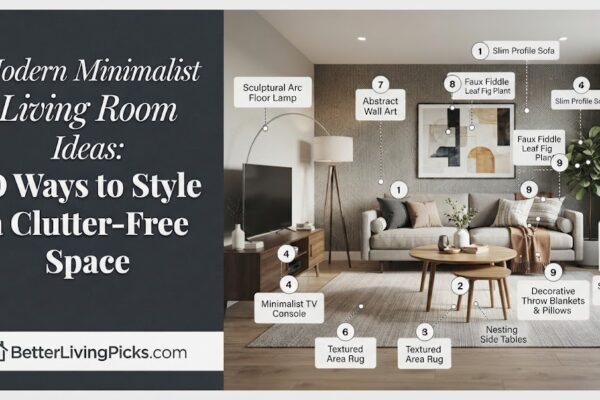 Split-panel infographic showcasing modern living room decor and 10 numbered product callouts alongside branding.