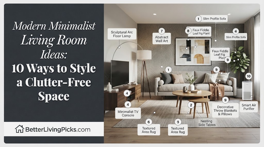 Split-panel infographic showcasing modern living room decor and 10 numbered product callouts alongside branding.