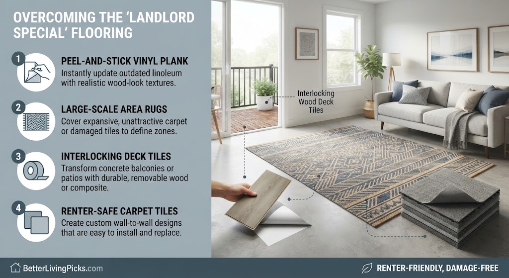 Split-screen infographic detailing four renter-friendly flooring solutions on a left panel, with a modern living room scene on the right showing the products in situ.