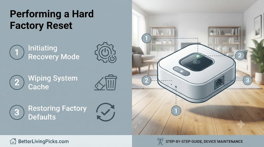 Split-screen infographic showing three-step factory reset instructions on a light gray panel and a corresponding illustration of a smart home hub with numbered connection points in a modern living room.