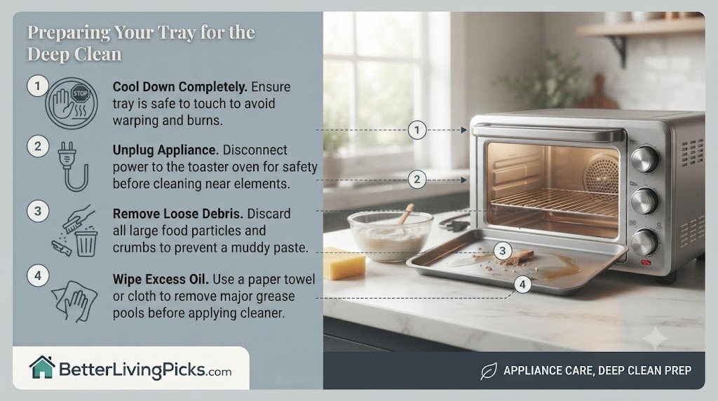 Modern kitchen setting featuring a toaster oven and a prep tray with step-by-step numbered callouts.