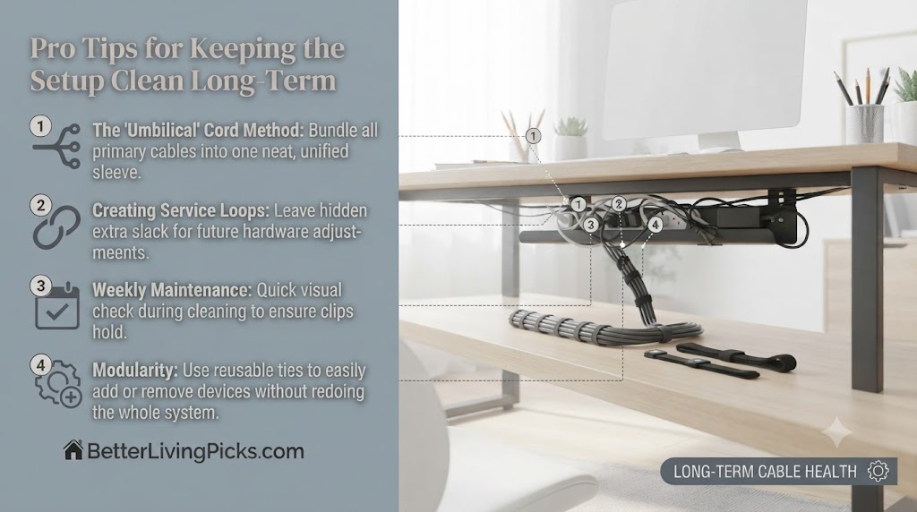Modern home office featuring a wooden desk with a bundled cable sleeve and a side panel showcasing four long-term maintenance tips.
