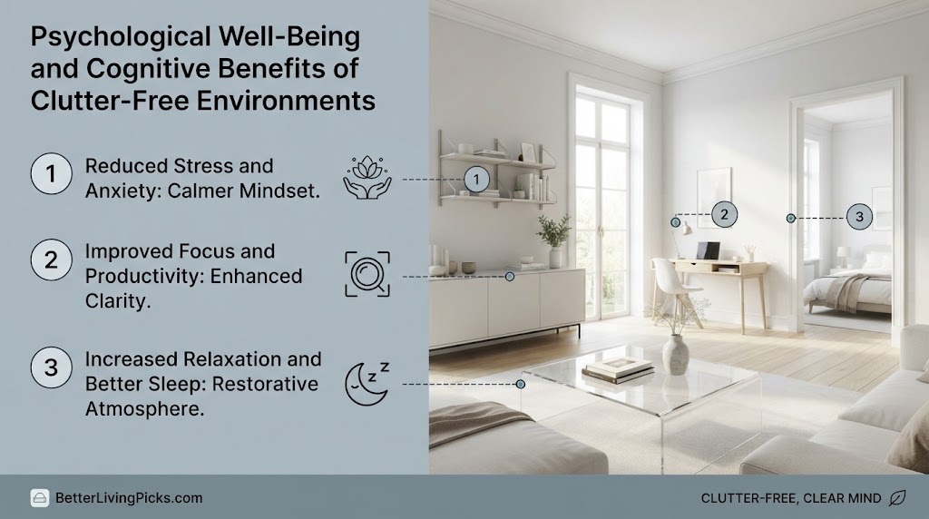 Split-panel infographic illustrating three cognitive benefits of organization, with text and icons on the left linked to a clean, minimalist home interior on the right.
