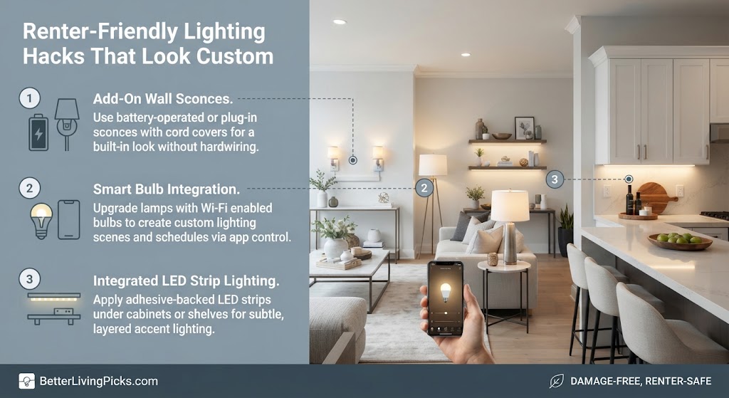 Modern apartment living room and kitchen with an annotated lighting diagram.