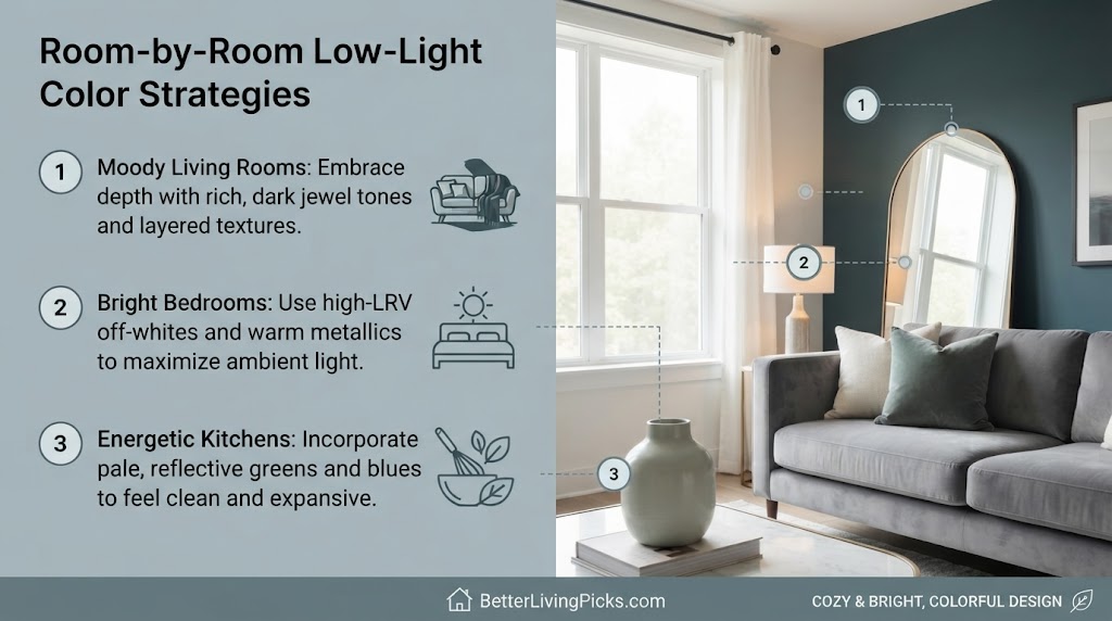 Split-screen infographic illustrating interior design strategies, with three numbered steps and icons on the left, and a photorealistic modern living room with product callouts on the right.