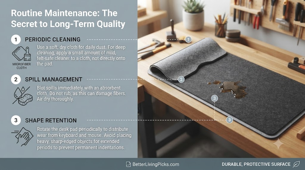 Infographic comparing three desk pad maintenance steps on a slate-gray panel linked by lines to corresponding points on a felt desk pad in a workshop setting.