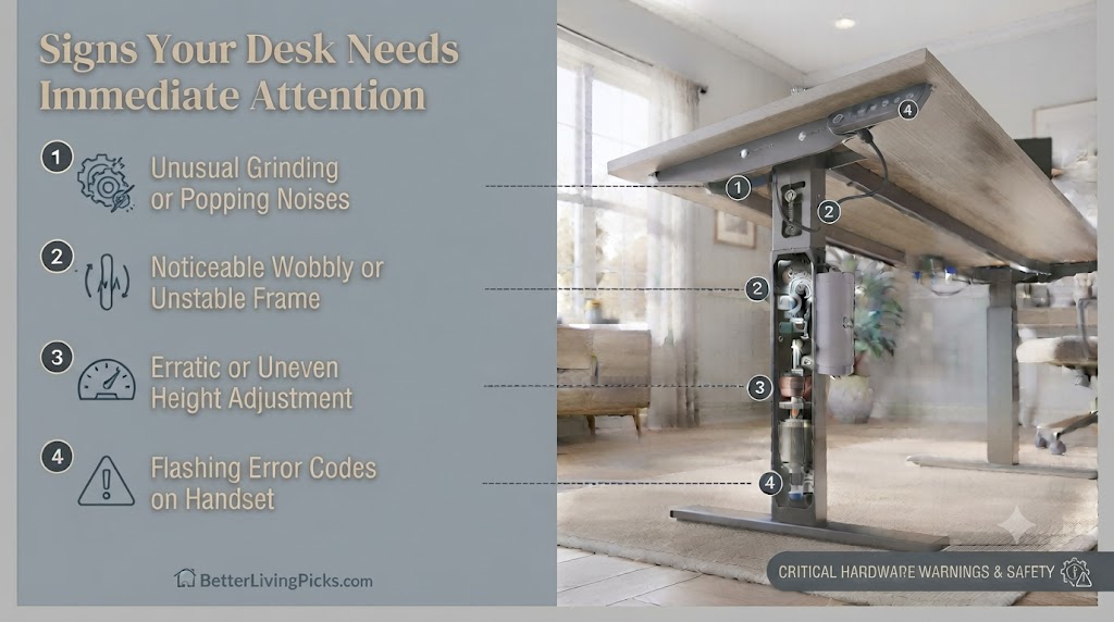 Modern home office featuring a split-screen infographic detailing standing desk hardware warnings with numbered technical annotations.