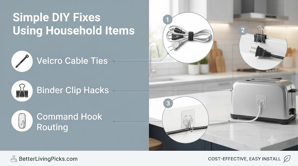 Split-screen infographic demonstrating three household DIY fixes for kitchen cord organization, featuring text and icons on the left and corresponding examples on a kitchen counter on the right.