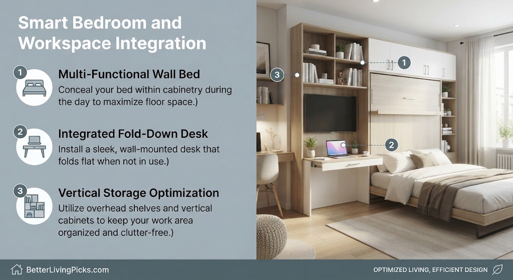 Modern bedroom and workspace interior featuring an integrated wall bed, fold-down desk, and split-screen infographic layout.