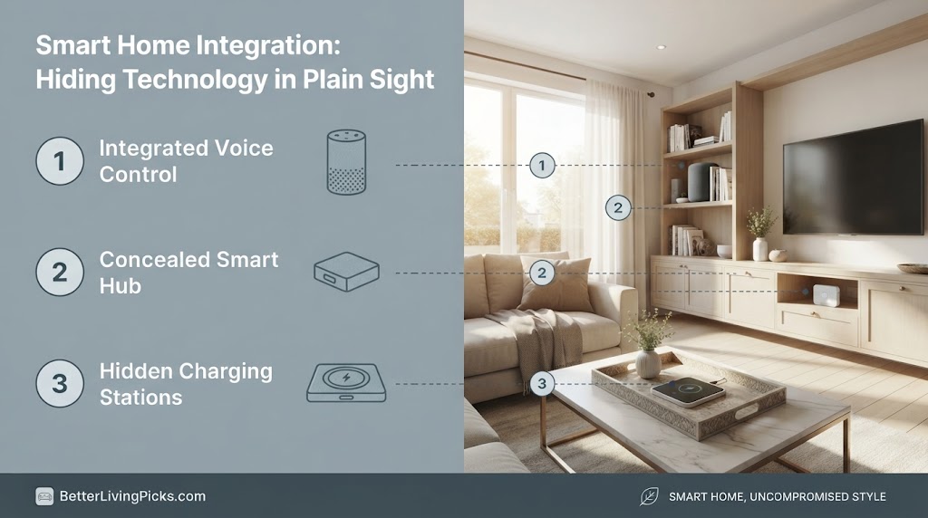 Split-panel infographic illustrating three smart home integration techniques with numbered text and icons linked to corresponding devices in a modern living room scene.