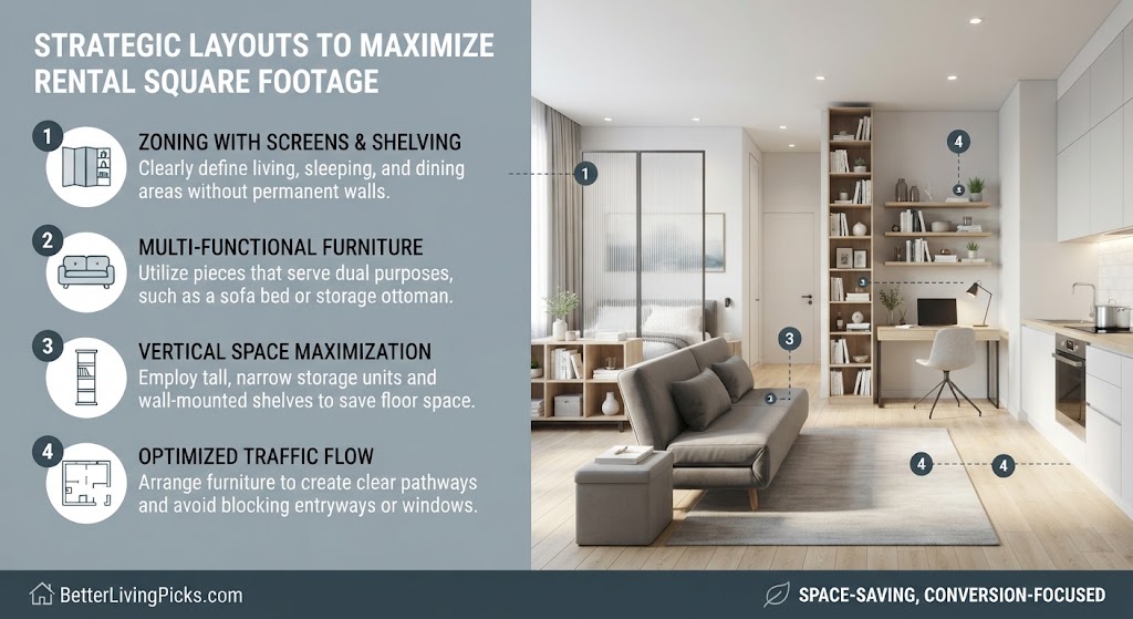 Split-screen infographic detailing four strategic layout techniques on a left panel, with a modern studio apartment scene on the right showing the techniques implemented.