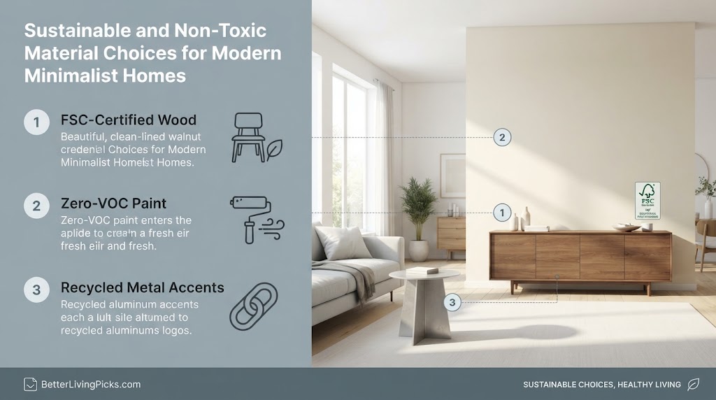 Split-screen infographic illustrating three sustainable design principles with numbered text and icons linked to specific furniture and finishes in a modern living room.