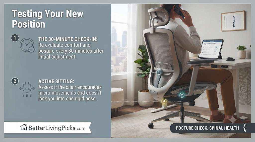 Modern home office setup featuring a person in an ergonomic chair demonstrating postural check-in intervals and active sitting techniques.
