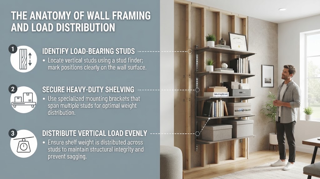 Split-screen feature box image displaying a light gray panel with three numbered wall framing points on the left and a brightly lit modern interior lifestyle scene on the right with product mockups for BetterLivingPicks.com.