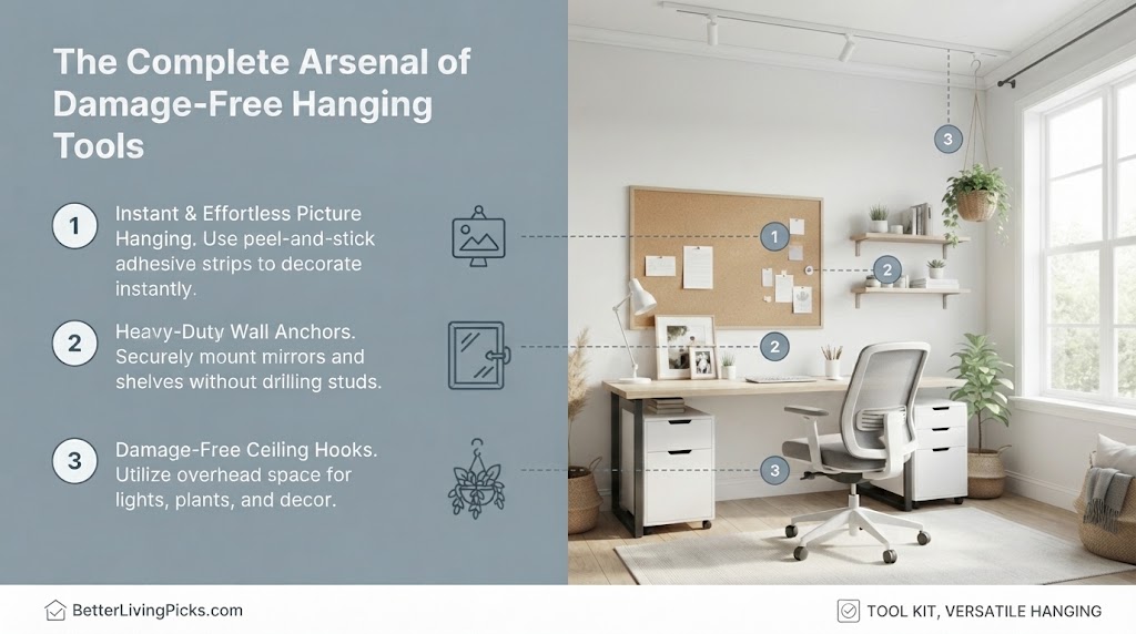 Modern home office featuring a split-screen infographic layout with a slate-gray panel highlighting three numbered tools in the complete arsenal of damage-free hanging.