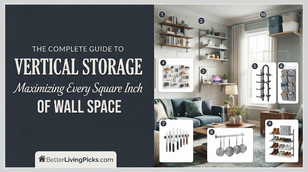 Infographic split-screen displaying a modern living room on the right with numbered vertical storage solutions and a dark title panel on the left for BetterLivingPicks.com.