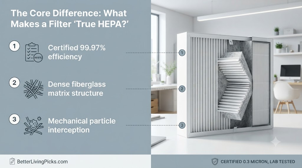 Split-screen infographic detailing True HEPA filter properties versus a physical cutaway model in an office.