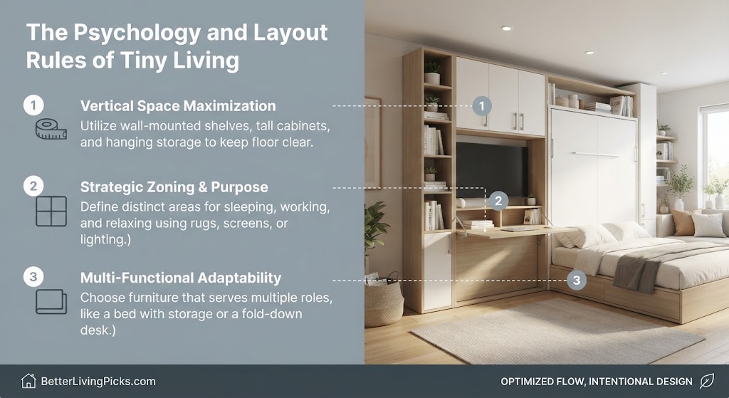 Modern small space interior featuring a multi-functional wall bed and desk unit with a split-screen infographic layout.