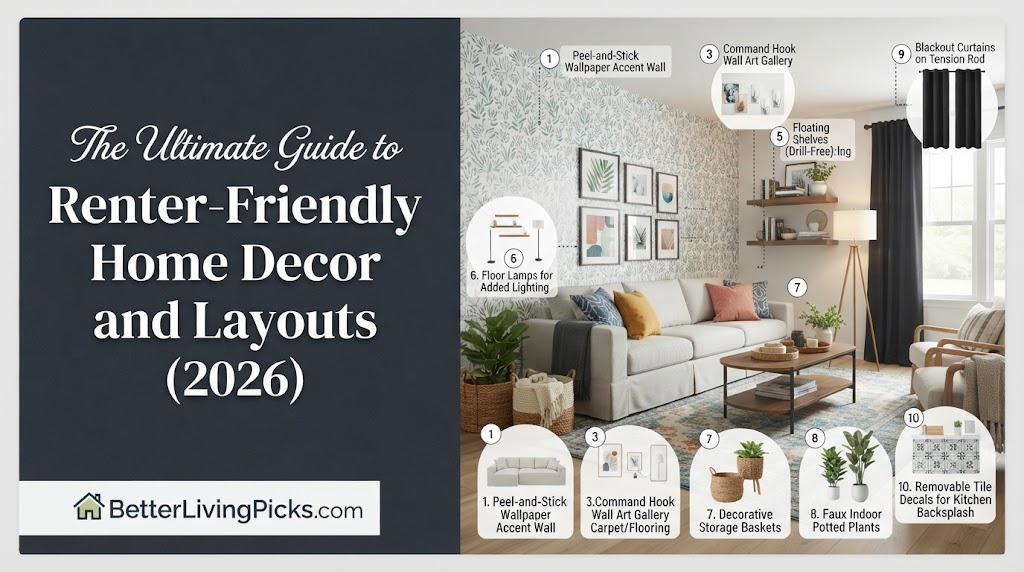 Split-panel infographic featuring a modern living room on the right with ten numbered callouts for removable decor, and the article title 'The Ultimate Guide to Renter-Friendly Home Decor and Layouts (2026)' and 'BetterLivingPicks.com' logo on the left.