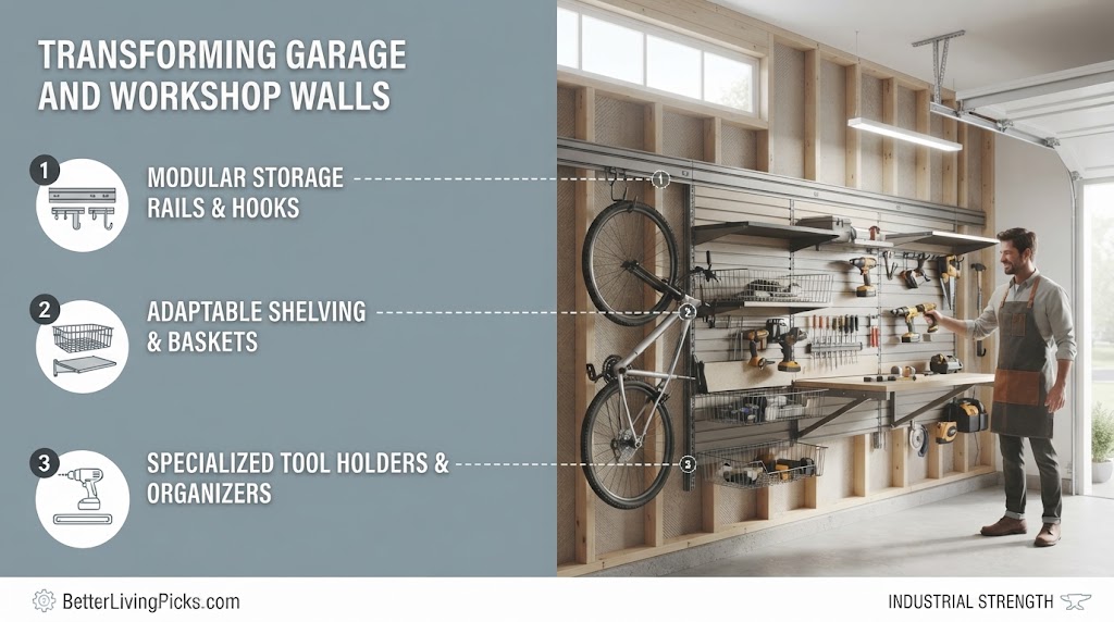 Split-screen feature box image displaying a light gray panel with three numbered workshop organization points on the left and a brightly lit modern garage workshop scene on the right with storage system mockups for BetterLivingPicks.com.