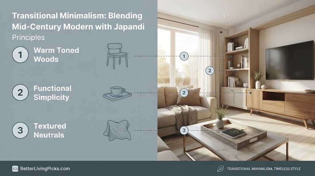 Split-screen infographic illustrating three interior design principles for a transitional minimalist living room, with text and icons on the left linked to a modern space on the right.