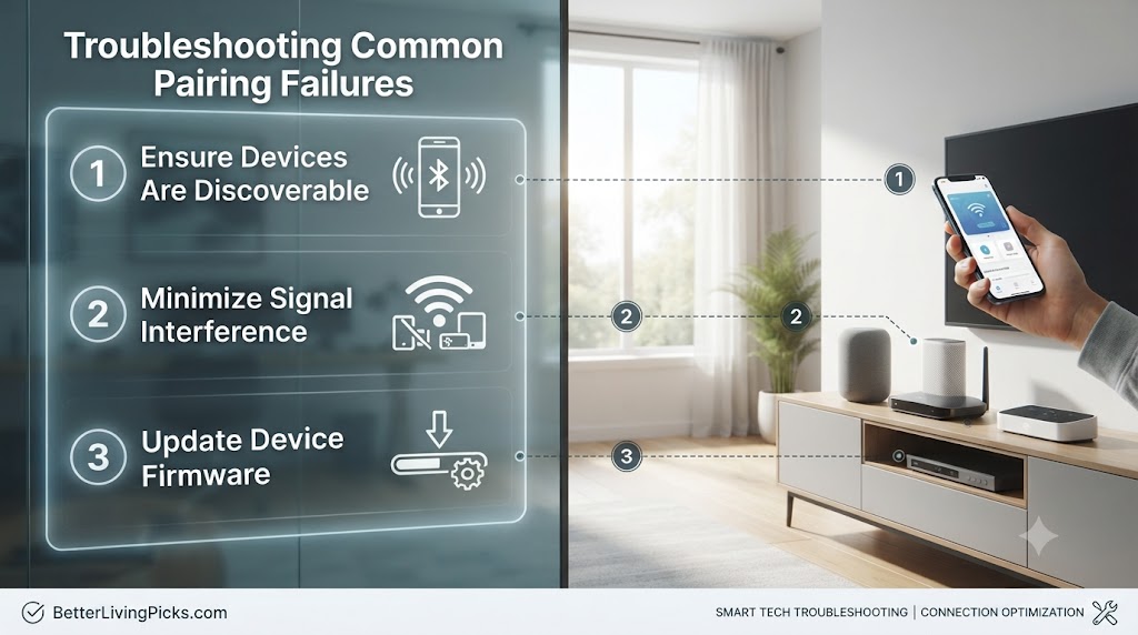 Split-screen feature graphic detailing troubleshooting steps for common Bluetooth pairing failures with numbered callouts and lifestyle context.