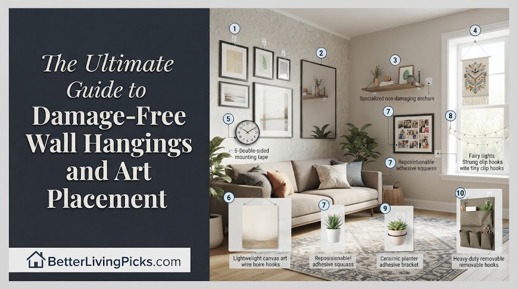 Modern living room featuring a split-screen infographic layout with a charcoal title panel and a lifestyle scene displaying damage-free wall hanging products numbered one through ten.